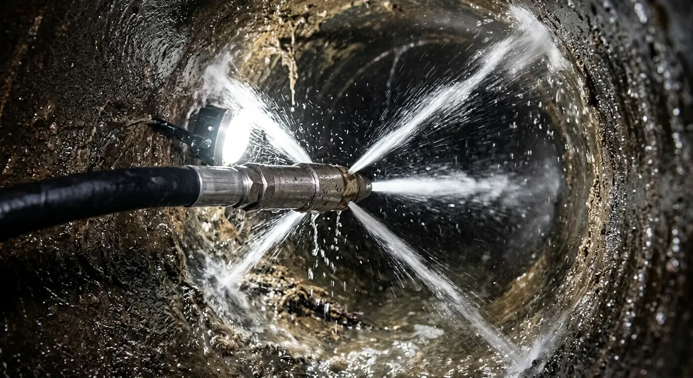 High-pressure hydro jetting nozzle cleaning sewer pipe for Trenchless Sewer Repair in Morris