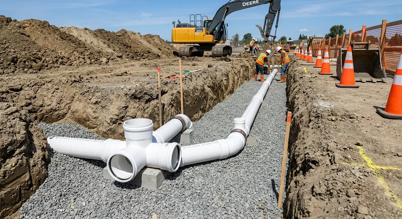 New PVC sewer pipe installation in open trench for Commercial Drain Cleaning in Morris