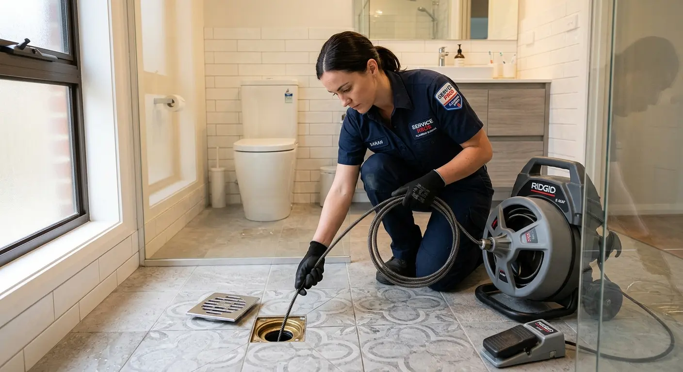 Technician clearing a bathroom floor drain for Clogged Drain Repair in Morris